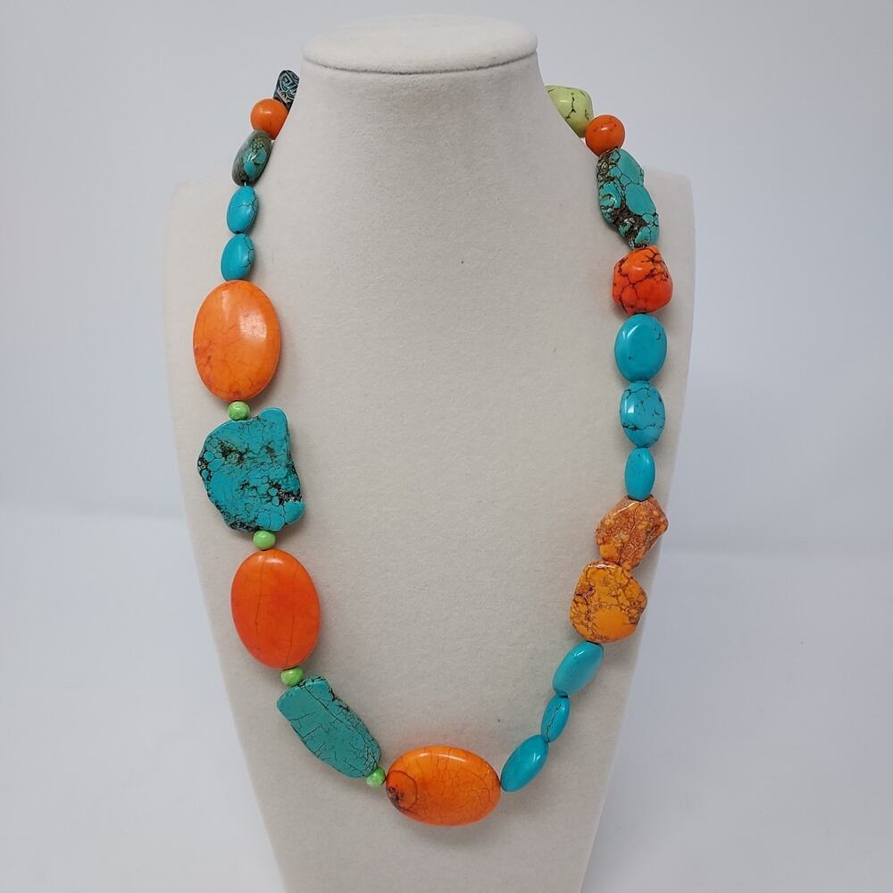 Mixed Dyed Stone Nuggets + Ceramic Bead Necklace Summer Colors 24"
